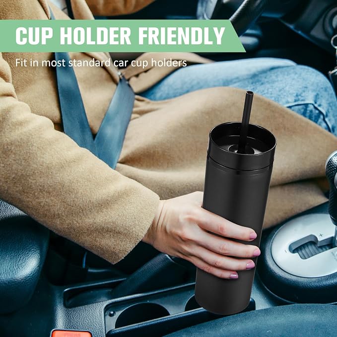 Mimorou 8 Pack Skinny Tumbler with Lids and Straws 16 oz Matte Acrylic Tumblers Straight Double Wall Plastic Reusable Cup Laser Engrave Customized DIY Gifts for Parties Birthday Home Office (Black)