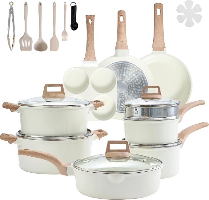 HealSmart 25Pcs Ceramic Cookware Set, Non-Toxic Nonstick Cooking Pots & Pans with Heat Resistant Grips, Complete Induction Compatible Kitchen Kit Including Multi-Size Frying Pans, Beige