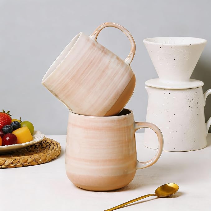 Coffee Mugs, Set of 4, Light Orange Ceramic Coffee Cups with Elegant Texture & Comfortable Handle, 12oz Stoneware Mugs - Dishwasher & Microwave Safe, Design for Home, Office, Cafe