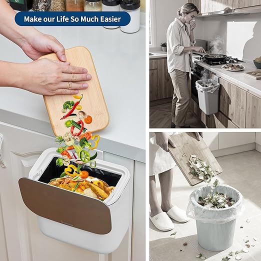 Hanging Kitchen Trash Can with Lid - 1.8 Gallon Small Compost Bin for Cabinet Door, Under Sink - Odor-Sealing Stainless Steel Top Food Waste Bin for RV, Bathroom, Office - Indoor Recycling Bin