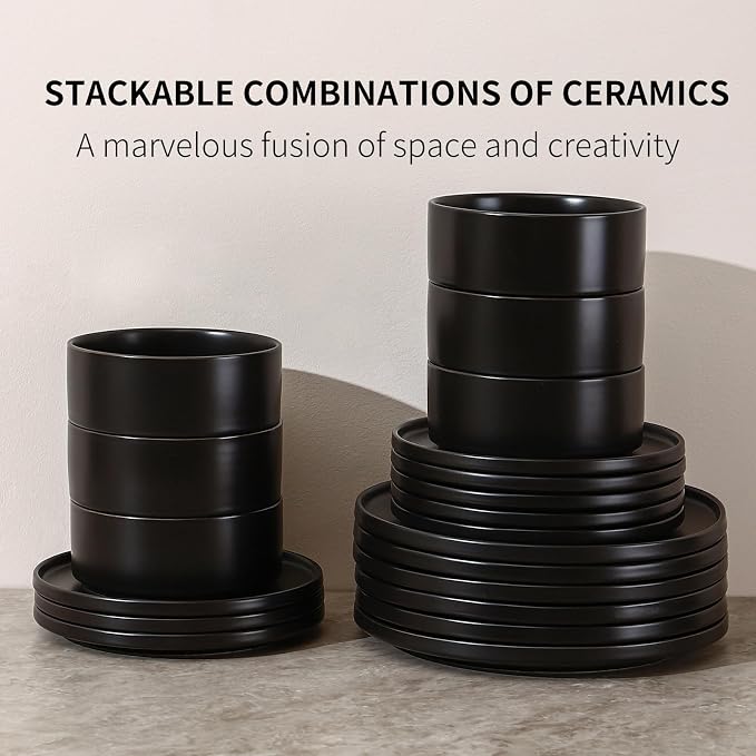 GZG Classic Series - Plates and Bowls Set for 6, 18 Piece Stoneware Dinnerware Sets, Microwave and Dishwasher Safe Lead-Free Handcrafted Ceramic Dishes Set - Matte Black