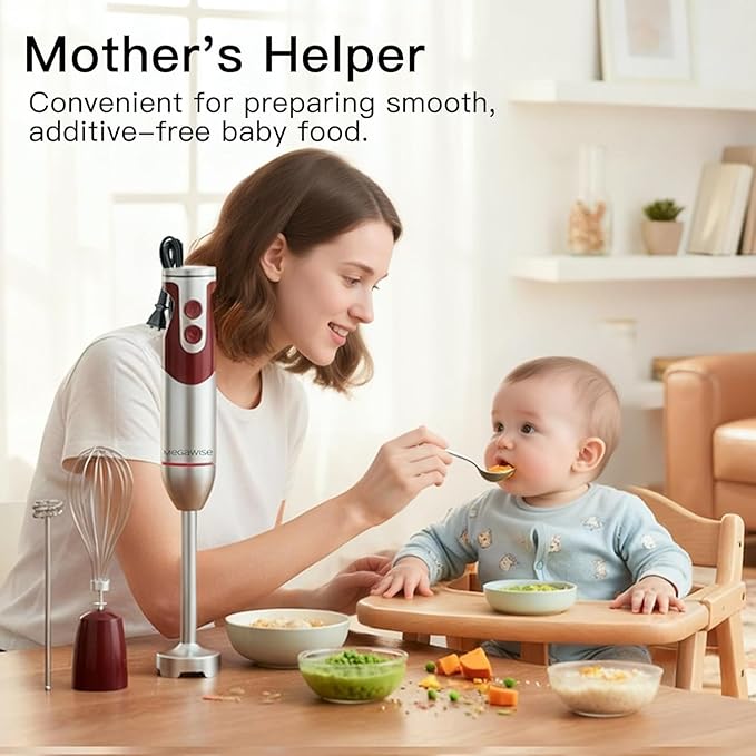Megawise 3-in-1 Hand Blender – 12-Speed, Includes Powerful Blender Stick, Whisk, and Milk Frother – Easy to Clean and Perfect for Smoothies, and More (Red)