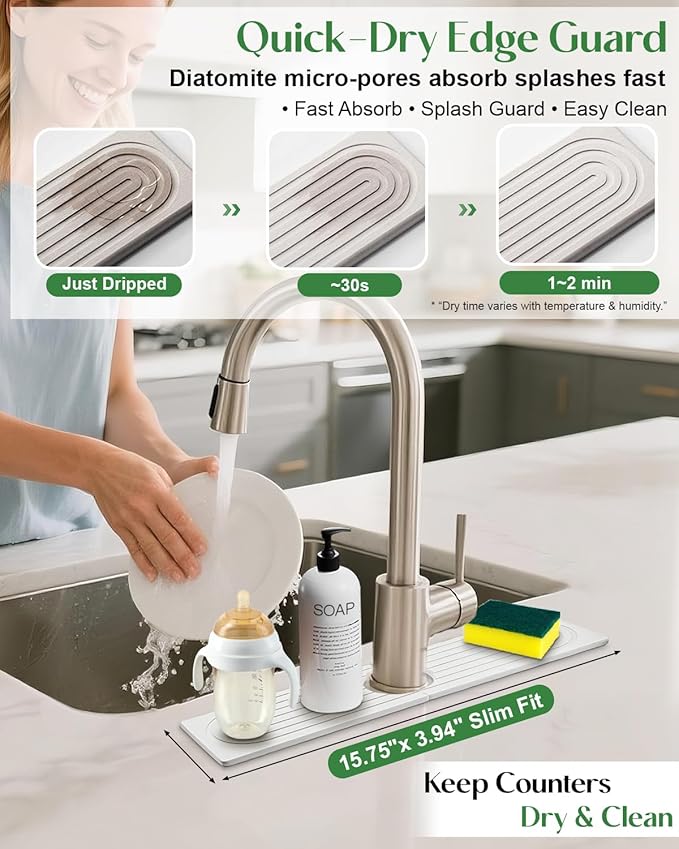 Stone Drying Mat for Kitchen Faucet: Diatomite Stone Drying Tray - Fast Water Absorbent Kitchen Sink Splash Guard for Bathroom Faucet & Counter - Ideal for Moms & Housewife (White, 15.75" x 3.94")
