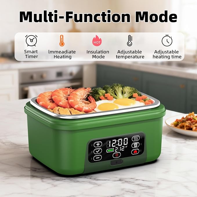 XL 6.3-Cups Cordless Electric Heated Lunch Box for Adults, Rechargeable Battery Powered Smart Self Heating Lunchbox for Men Women, 100W Food Warmer for Trucks Driver Travel Office Worker