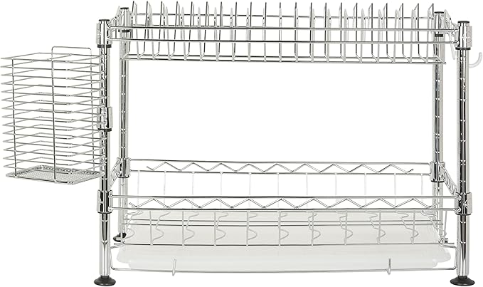Eyely HSD1002A Brook 24" Adjustable 2-Tier Carbon Steel Rust-Proof Dish Drying Rack with Removable Tray, Removable Utensil Holder, and a Cutlery Holder, Durable and Easy Assembly, Chrome