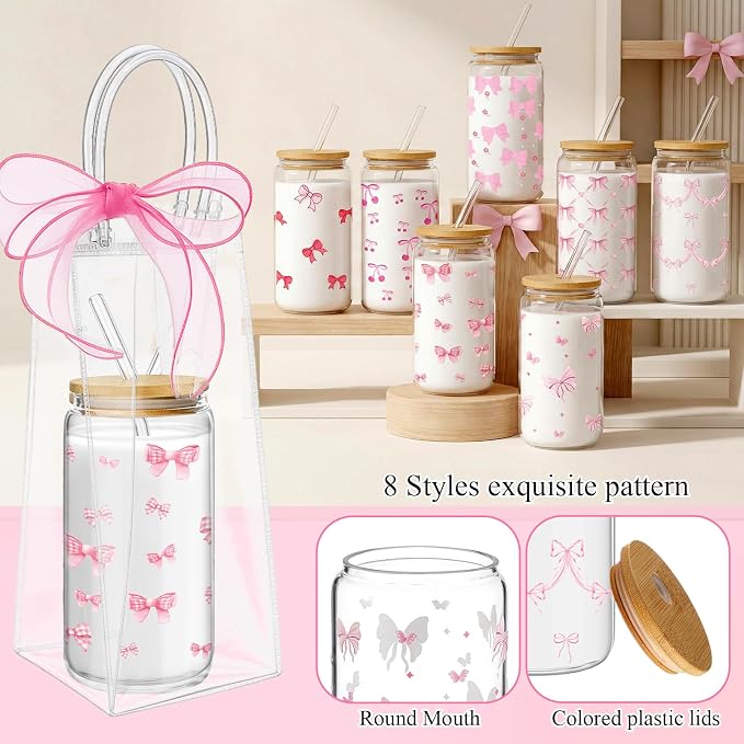 Mumufy 16 Sets Coquette Bow Glass Cups with Clear Gift Bag 16 oz Reusable Pink Iced Coffee Mugs Aesthetic Cute Tumbler with Lids and Straws, Gifts for Girls Women Bridesmaid