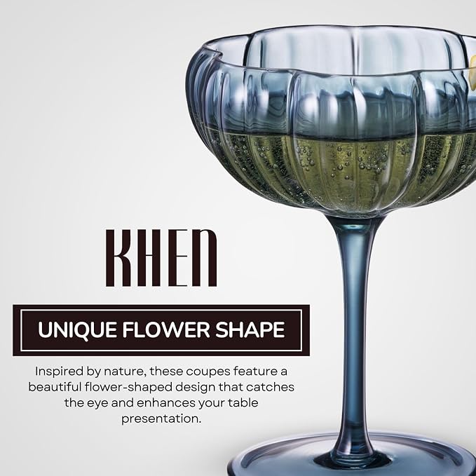 Khen Flower Modern Wavy Glass Coupes Martini, Champagne & Cocktail Coupes - Set of 6-7.7 oz Colorful Cocktail Glasses for Champagne, Prosecco, Mimosa - Copyright Design - Muted Pastel Colors