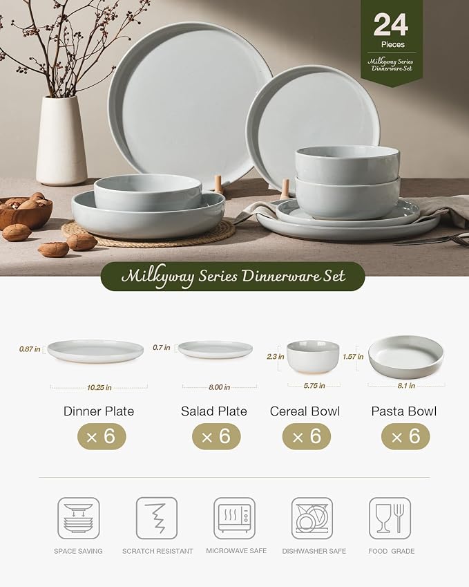 Famiware Milkyway Stoneware Dinnerware Sets with Pasta Bowls, Service for 6 (24 Pieces), Plates and Bowls Sets -Scratch Resistant, Microwave and Dishwasher Safe Dishes Set, Light Gray
