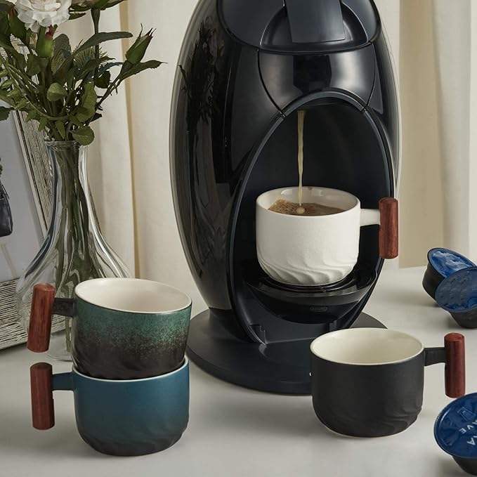 6oz Ceramic Espresso Cups with Wooden Handle, Small Coffee Cups for Latte Cappuccino, Tea Cups Set of 4