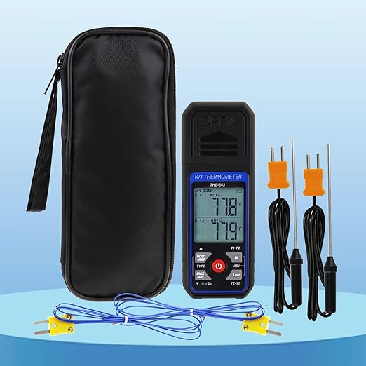 Thermocouple Thermometer HVAC Temperature Meter, Digital Temperature Thermometer with 4 K Type Thermocouple, Dual Channel Temperature Gauge with Alarm & ADJ Compensation (-328~2500℉ Measuring)