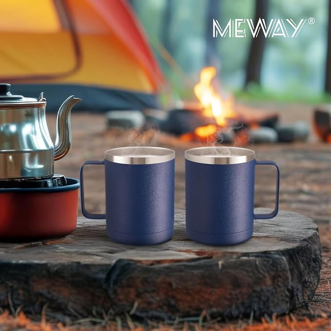 MEWAY 12oz Coffee Mug With Handle 2 Pack Bulk,Stainless Steel Insulated Travel Tumblers With Sliding Lid,Double Wall Vacuum Camping Cup for Hot & Cold Drinks (Navy Blue, 2)
