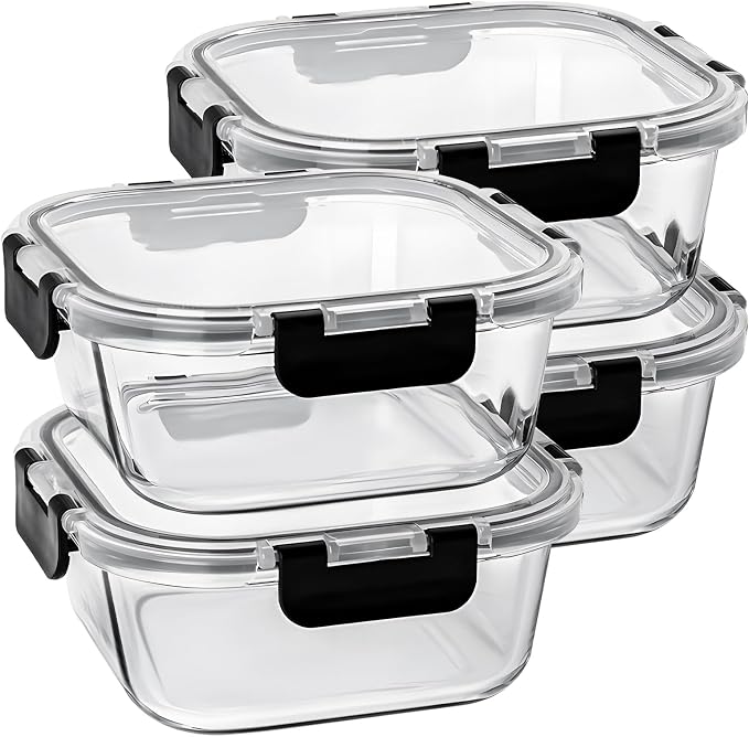 27 oz Glass Food Storage Containers with lids, 4 Pack Square Sandwich Containers/Box for Meal Prep, 3.3 Cup Glass Meal Prep Containers, Microwave, Oven, Freezer and Dishwasher, BPA-free