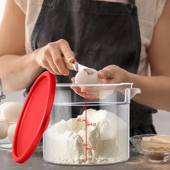 Suclain 4 Set 6 Quart 4 Qt Round Food Storage Containers with Lids Clear Proofing Container for Dough Bread with Scale Handle Home Restaurant Commercial Food Storage(Red)