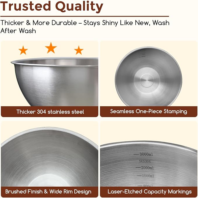 Gronivex 304 Stainless Steel Mixing Bowls, 3-Piece (1.5, 2.2 & 3.4 Qt) | Food-Grade Metal, Dishwasher safe，Stackable Nesting & Space-Saving – For Kitchen Baking, Salads, Meal Prep, RV & Camping