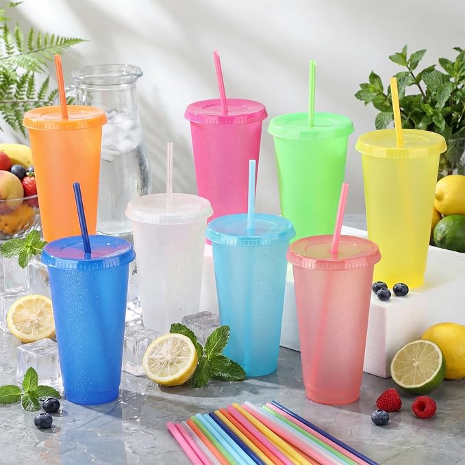 Honeydak 30 Pack Tumbler with Straw and Lid Cups for Gifts Glitter Plastic Coffee Cups 24-27 oz Reusable Water Bottle Iced Coffee Travel Mug Party Favors for Birthdays Travel (Fantasy Color)