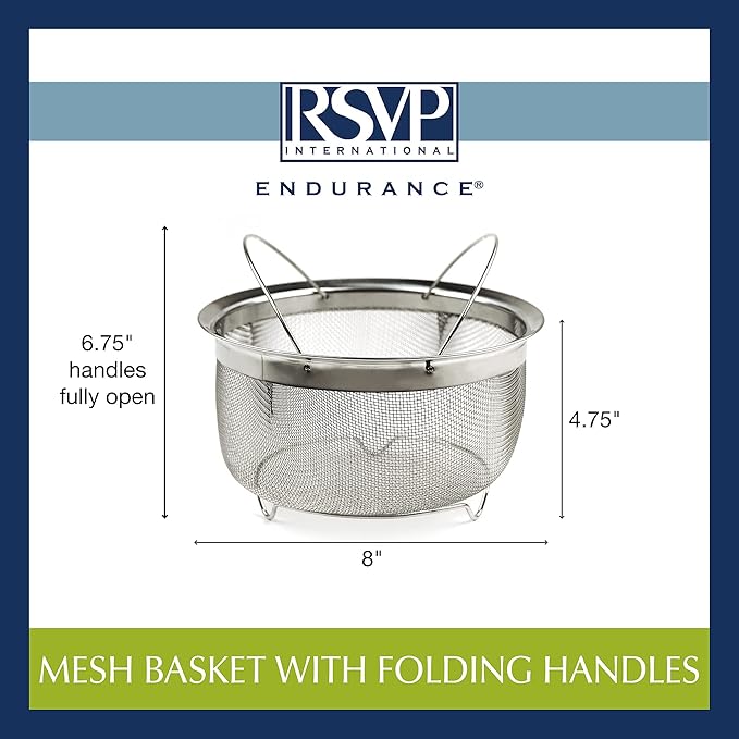 RSVP International Mesh Colander Strainer Basket with Folding Handles, 3 Quarts | For Pasta, Frying, & Salads | Dishwasher Safe | Use in Pressure Cookers | Steaming, Draining & Rinsing (Pack of 4)