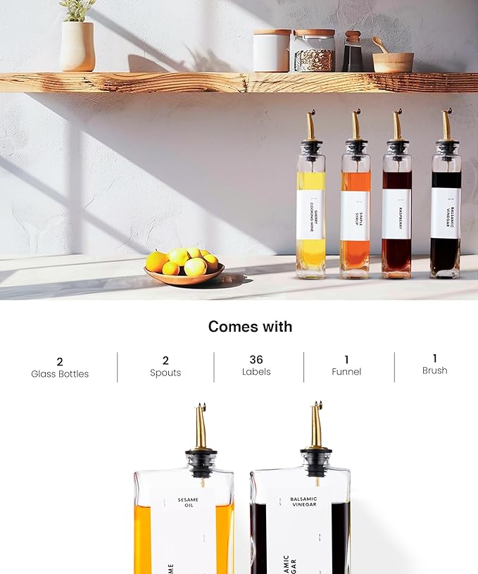 APT 1101 Olive Oil Dispenser for Kitchen, Cooking Oil and Vinegar Dispenser Set, Olive Oil Bottle, Soy sauce dispenser, coffee syrup bottles with stainless steel pourers (Black, Set of 2)