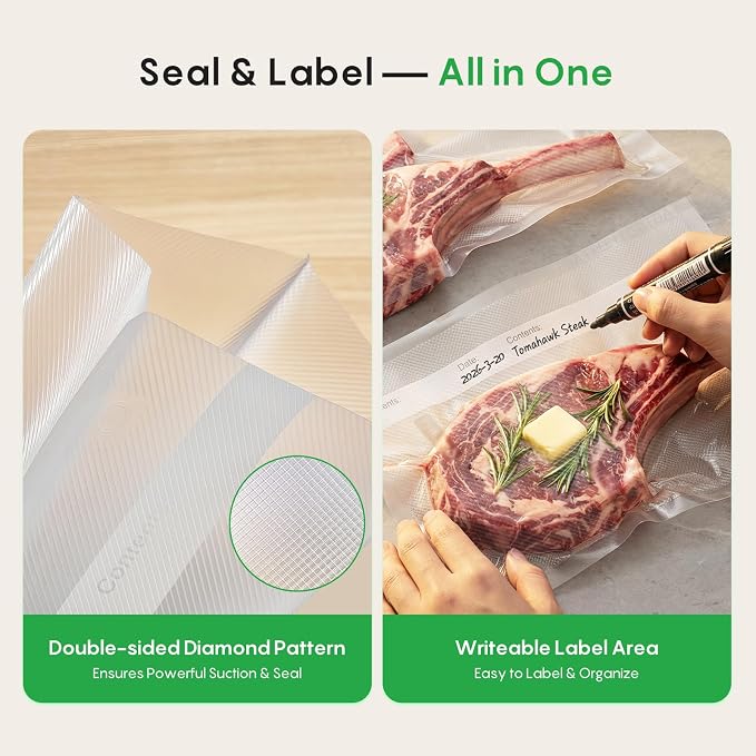FRESKO Vacuum Sealer Bags Rolls with Write-On Labels, 11" x 20' 2 Pack Bags, BPA Free, Heavy Duty, Customized Size for Food Storage and Sous Vide