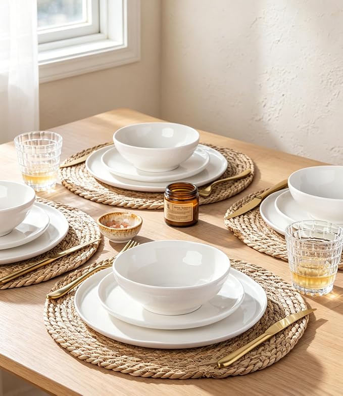 LERATIO Ceramic Dinnerware Sets for 6,Porcelain Plates and Bowls Sets with Wavy Edge, Oven &Microwave & Dishwasher Safe,Light Weight & Scratch Resistant Dishes Sets-Service for 6 (18pcs)-Peal White