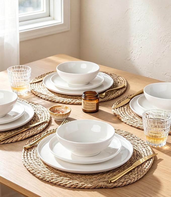 LERATIO Ceramic Dinnerware Sets for 4,Porcelain Plates and Bowls Sets with Wavy Edge,Microwave & Dishwasher & Oven Safe,Light Weight & Scratch Resistant Dishes Sets