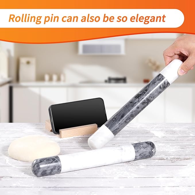 Tianman French Marble Rolling Pin.12 Inchs Marble Rolling Pin for Baking With Wooden Base Holder Stand-Non-Stick Baking Roller for Baking Fondant, Pizza,Cookies,Crust,Pasta(White-Black-White)