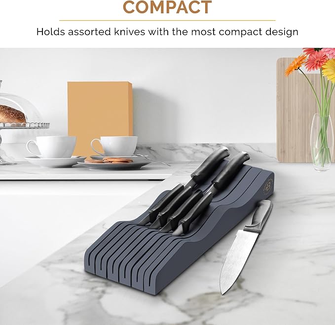 Knife Drawer Organizer - Bamboo Knife Block In Drawer, Kitchen Knife Organizer for Drawer, Holds 5 Long + 6 Short Knives, Blade Safe Storage, Wooden Steak Knife Holder, Gray