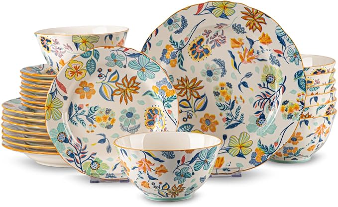 24-Piece Floral Pattern Ceramic Dinnerware Set (Service for 8) - High-Temp Fired, Microwave & Dishwasher Safe, Scratch-Resistant Kitchen Dining Plates Bowls Set