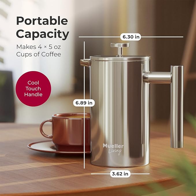 MuellerLiving French Press Coffee Maker 20oz, Stainless Steel French Press Coffee, 4 Filter Heat Resistant Double Insulated, Rust-Free, Food Grade, Dishwasher Safe Coffee Pot