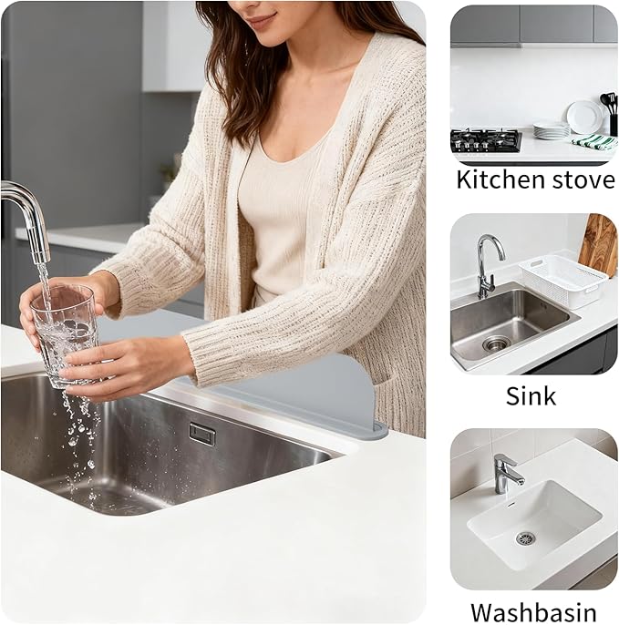 19.2inch(49cm) Silicone Sink Splash Guard, Sink Splash Guard with Suction Cup,Kitchen Sink Water Splash Guard, Kitchen Sink Splash Guard that Can Be Placed Behind (1, Gray)