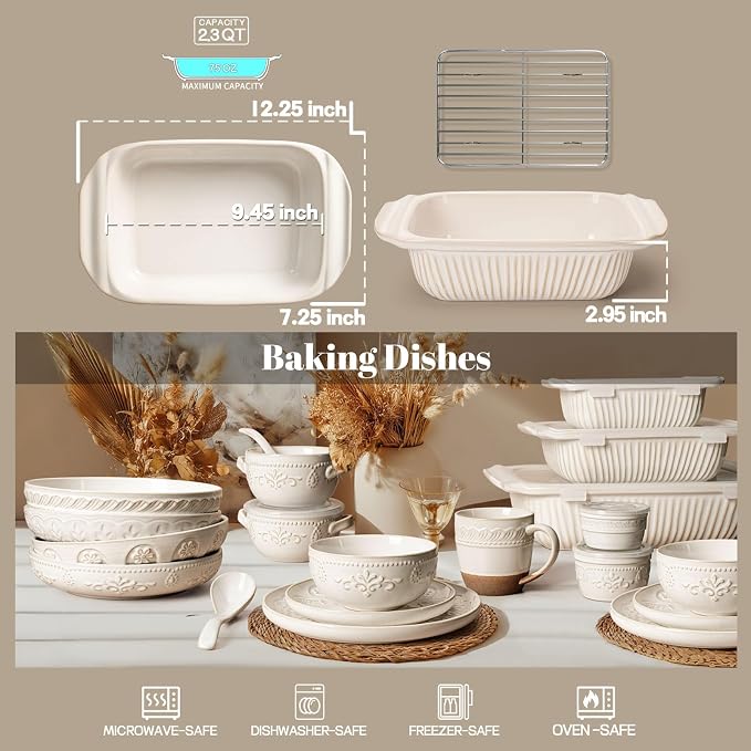 Artena Baking Dish 2.3 Quarts, Casserole Dishes For Oven, Baking Pan With Handles, Lasagna Pan Deep, Large Casserole Dish, Rectangular Ceramic Bakeware (White, With Rack)