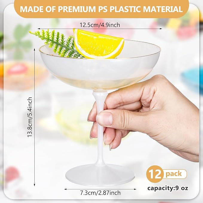 LemonRoad 12 Pcs Plastic Coupe Glasses 9 oz Disposable Martini Glasses for Cocktails, Champagne, Desserts and Espresso, Drinkware Set for Weddings, Birthday Parties, Home Bars (Pearl White)