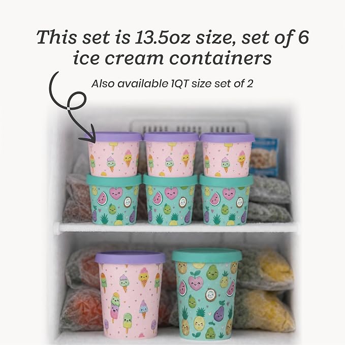 Starpack Freeze The Day Ice Cream Containers for Freezer (6-Pack, 13.5oz) - Dessert Single Serve with Silicone Lids - BPA-Free, Airtight, Reusable for Homemade Ice Cream, Sorbet, Kawaii Pink & Green