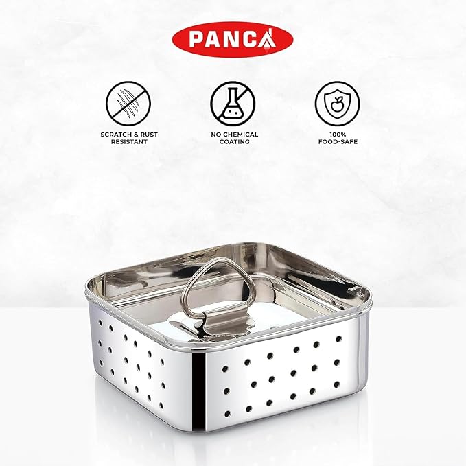 PANCA Stainless Steel Paneer Maker Mould Medium Size, Paneer Press with Lid, Tofu Press Mould Maker, Whey Seperator (Square, 450ml Capacity)