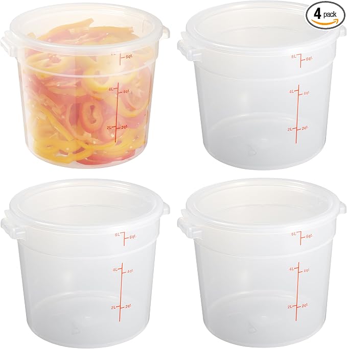 CURTA 6 Quart Translucent Round Food Storage Container with Lid, Pack of 4 – NSF Listed, BPA-Free, Commercial-Grade Polypropylene, Freezer & Dishwasher Safe, Non-Stick, Easy-Read Graduations