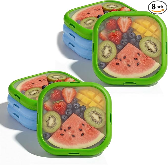 8 Pack Reusable Silicone Storage Boxes, Avocado Saver & Onion Storage for Avocado, Cut Onions, Tomatoes, Garlic and Leftovers in Fridge (Blue/Green)
