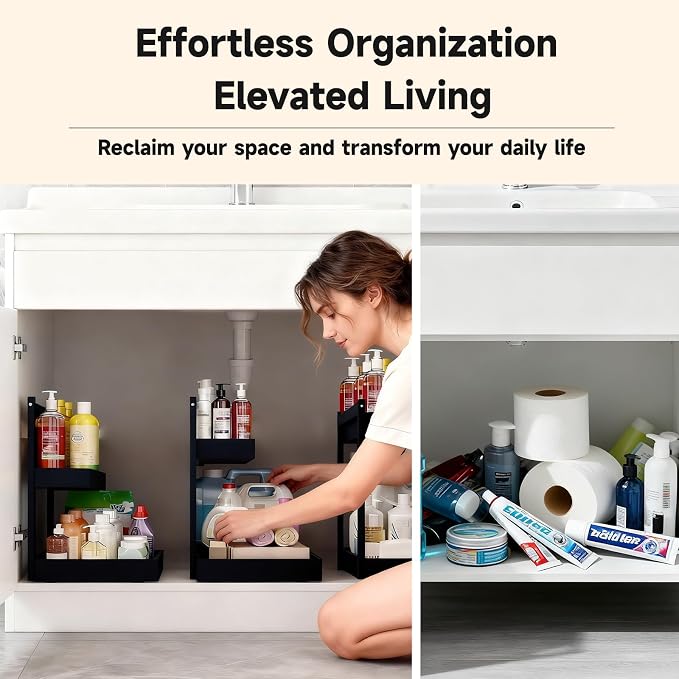 Bamboo Undersink Organizer Storage - 2-Tier Cabinet Shelf with Adjustable Levels, Under Sink Storage Slide Out for Cabinet Pantry Kitchen Bathroom (Black, 2 Packs)