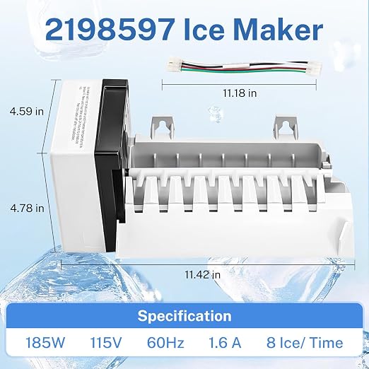 2198597 Ice Maker 185W 115V 60Hz Fit for Whirlpool Maytag Amana | High Efficiency Ice Making,Food-grade Materials,Replaces W10122502 626663 1016069 2198678