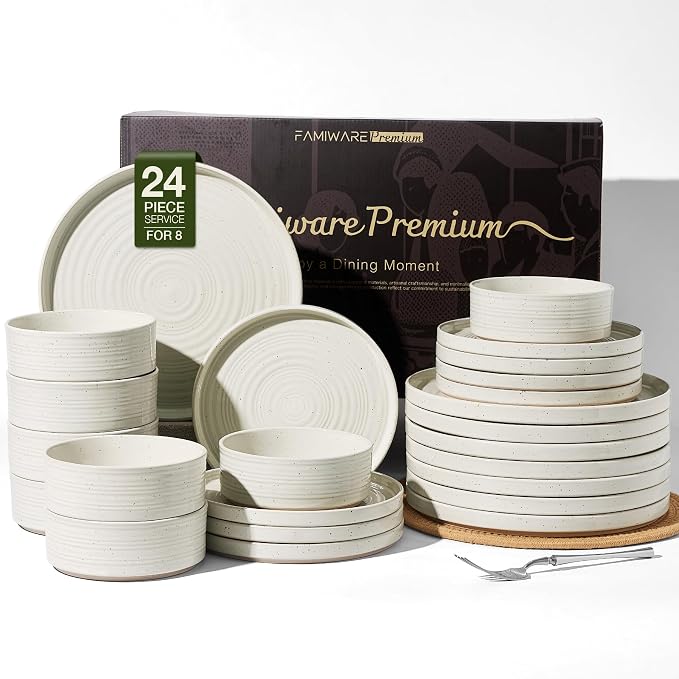 Stoneware Dinnerware Sets for 8, 24-Piece High Edge Plates and Bowls with Speckled Glaze & Spiral Design - Chip & Scratch Resistant, Microwave & Dishwasher Safe - Gift Box, Cream