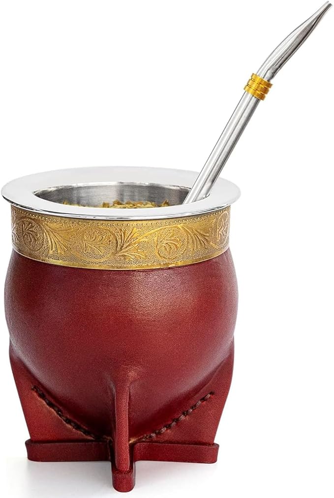 Cuopru Premium Argentina Imperial Yerba Mate Cup with Bombilla Mate (Straw) Set, Baroque Style, Leather Gourd, 304 Stainless Steel Inner (Brown)