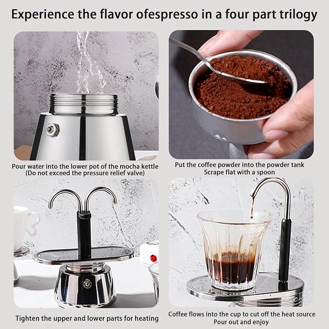 Stainless Steel Moka Pot, Moka Set includes Coffee Maker 2-Cup, 100ml Dual Pipe Stainless Steel Durable Food Grade Nonslip Thickened Strainer Widely Used Mocha Pot