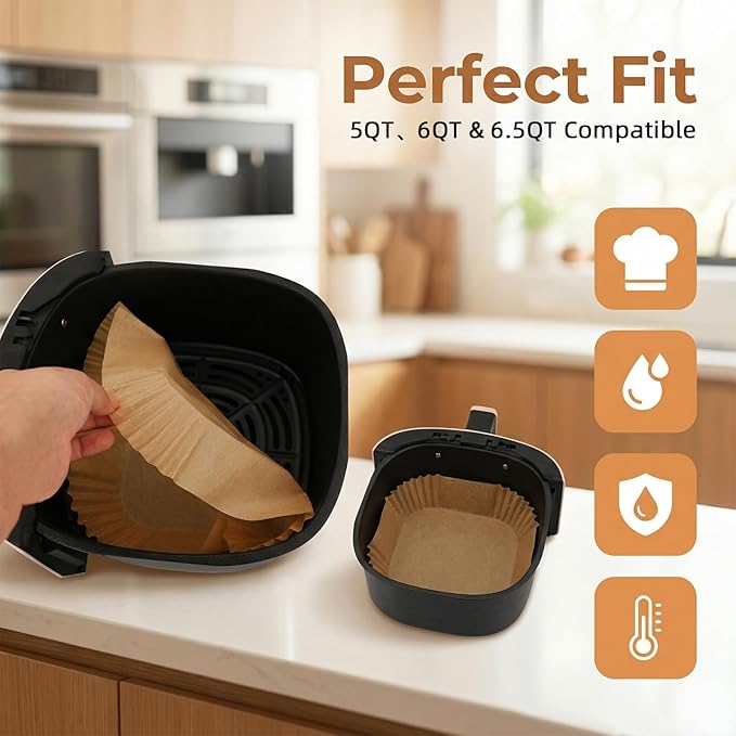 400Pcs Air Fryer Liners Disposable,8" Square Food Grade Air Fryer Paper Liners,Non-Stick Parchment Paper Liners for Ninja AF141 5 QT Pro AF181 6.5QT,Cosori Chefman 6 QT &Other 5 to 8Qt Airfryer