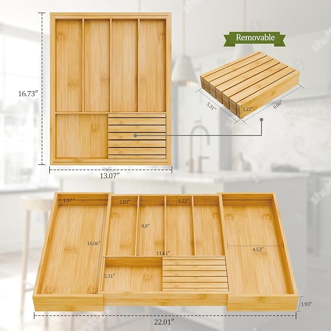 Bamboo Kitchen Silverware Drawer Organizer - Expandable Wood Utensil Holder with Dividers, Luxury Cutlery Storage Tray for Kitchen Utensil and Flatware (5-7 Slots with Removable Knife Block, Natural)