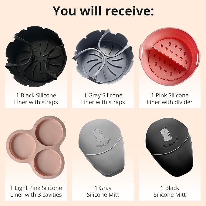 ARIALASQUALITY Air Fryer Accessories Set with Divider 8PCS, Reusable Nonstick Liners, Meal Prep Cooking Set with Cupcake Pan, Burger Rack & Heat Resistant Gloves