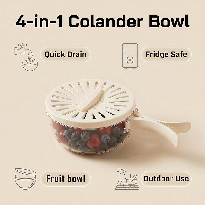 2Pcs Multifunctional Fruit Washing Bowl with Strainer, 2 in 1 Drain Basket and Fruit Strainer Container with Lid, Fruit Washer Bowl for Kitchen, Fridge, Picnic & Camping (1QT+1QT)