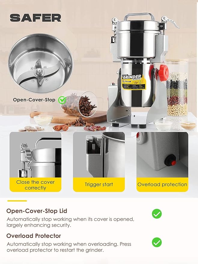 CGOLDENWALL 700g Electric Grain Grinder Mill Safety Upgraded 2400W High-speed Spice Herb Grinder Commercial Superfine Grinding Machine Dry Cereals Pulverizer CE 110V (700g Swing Type)