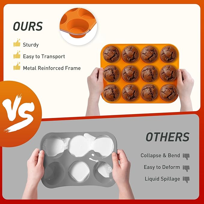 2 Pack 12 Cups Silicone Muffin Pan with Metal Reinforced Frame Regular Size Silicone Molds Cupcake Cake Baking Pans Cookie Baking Chocoflan Cupcake Mold Baking Homemade Muffins Cupcakes Egg Bites