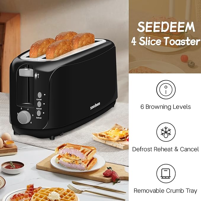 SEEDEEM 4 Slice Toaster, Extra Wide Slots Bread Toaster with 6 Shade Settings, Bagel/Cancel/Defrost/Reheat Functions, Removable Crumb Tray, Auto Shut-Off, Black