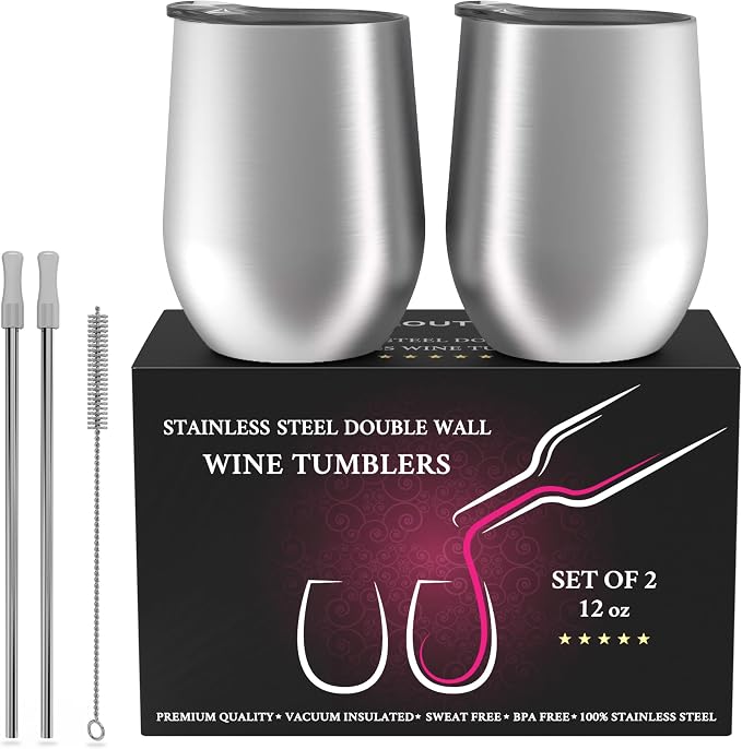 CHILLOUT LIFE 12 oz Stainless Steel Wine Tumblers 2 Pack - Double Wall Vacuum Insulated Wine Glasses Cups with Lids and Straws Set Keeping Cold & Hot for Coffee, Beer, Ice Cream - Dishwasher Safe