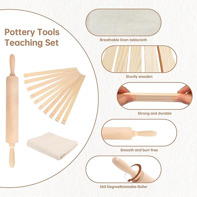 12 Pcs Pottery Tools Include 1 Wood Rolling Pin Sculpting Polymer Clay Tools 1 Portable Pottery Wedging Board/Linen Tablecloth and 10 Pcs 5 Size Teaching Rolling Mud Stick Guide