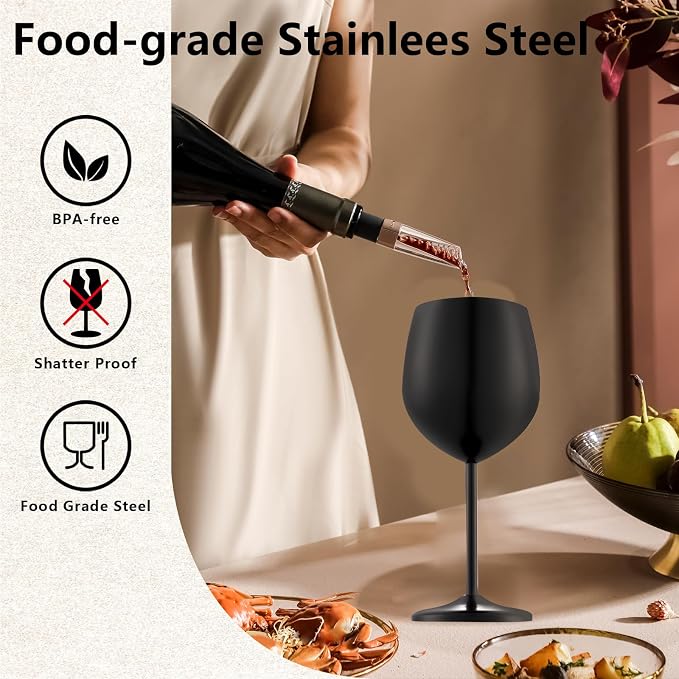 UNISWEET Stainless Steel Wine Glasses Set of 4 Unbreakable Wine Glass 18 oz Unique Metal Wine Goblets for Outdoor, Travel, Camping, Pool, Ideal Gift for Wine Lovers (Matte-Black)